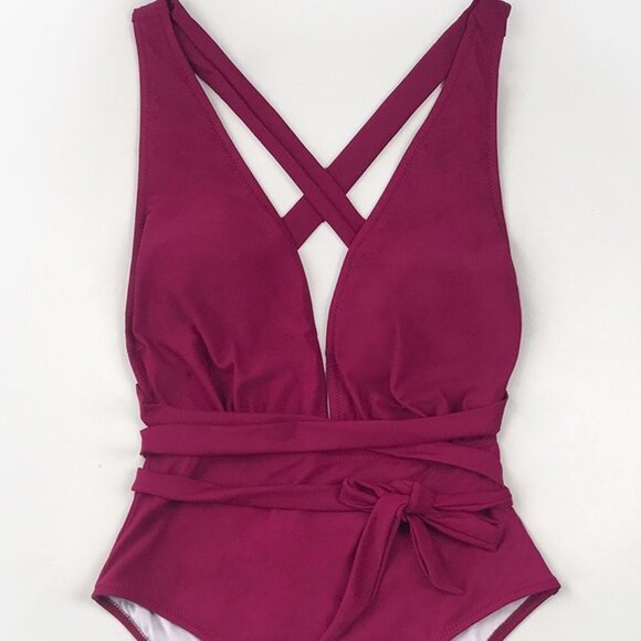 CUPSHE BURGUNDY PLUNGE V-NECK HALTER TIE WRAP STRAP CUTOUT SWIMSUIT SIZE XL NWT - Picture 5 of 11